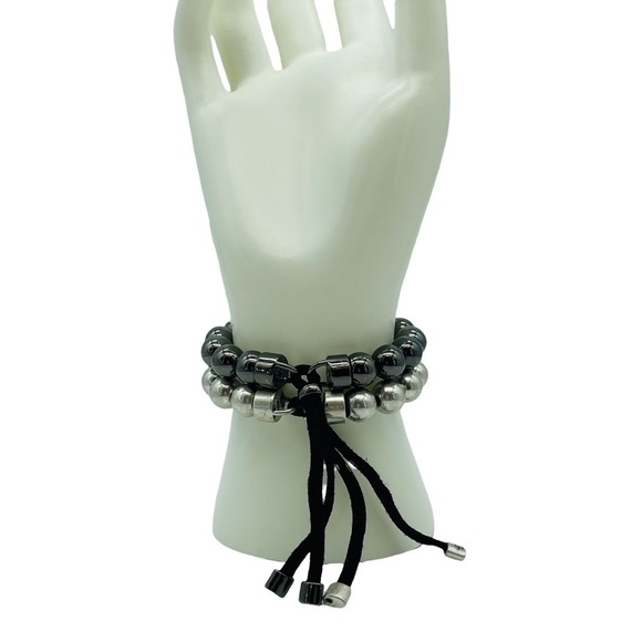 Beaded Bracelets Set Black & Silver Stretchy Adjustable Unisex - Picture 3 of 10